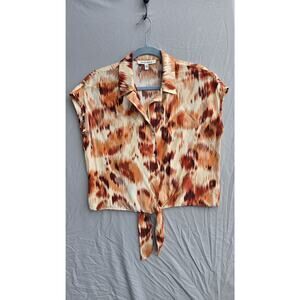 Black Rainn Shirt Womens Medium Orange Ikat Print Cropped Button Front Tie Hem